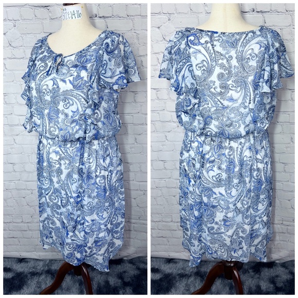 👗Like New |•ALYX•| White Blue Paisley Dress Size 18W - Picture 2 of 12